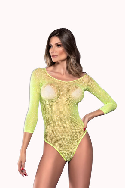 Body de Tule Transparente Verde com Strass e Manga – Doce Malícia