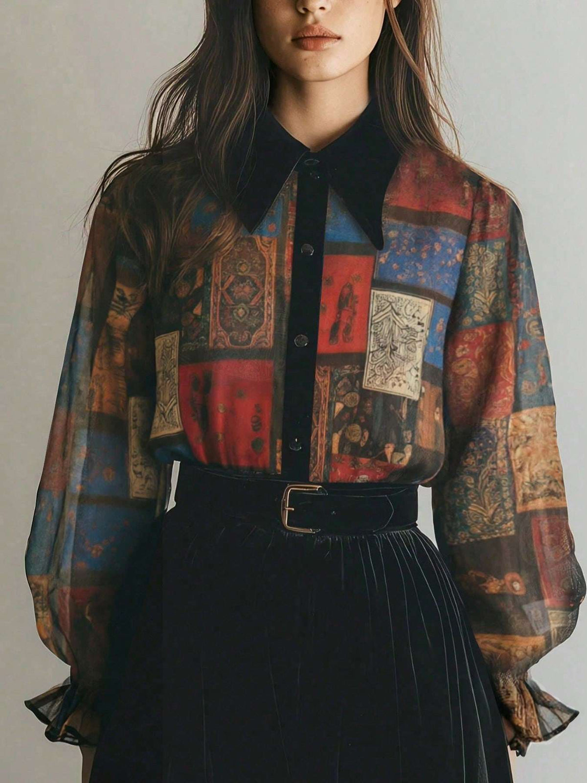 Camisa Feminina Chiffon Patchwork Estampada – Doce Malícia