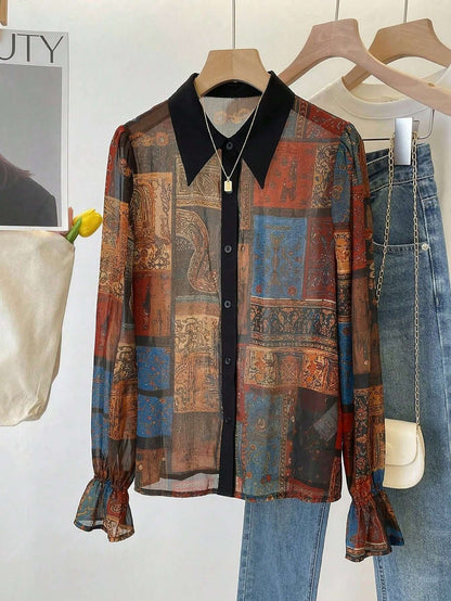 Camisa Feminina Chiffon Patchwork Estampada – Doce Malícia