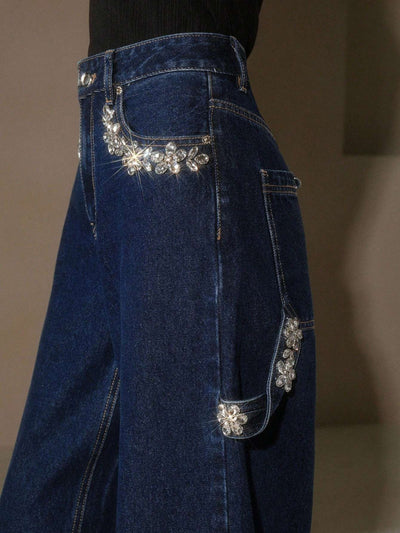 Calça Jeans Feminina Strass Flores Azul Escuro – Doce Malícia