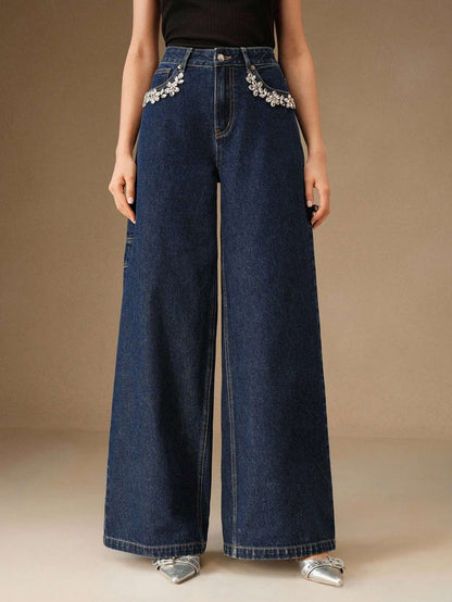 Calça Jeans Feminina Strass Flores Azul Escuro – Doce Malícia