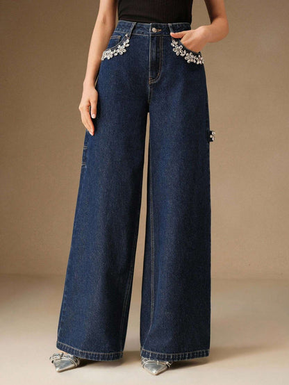 Calça Jeans Feminina Strass Flores Azul Escuro – Doce Malícia