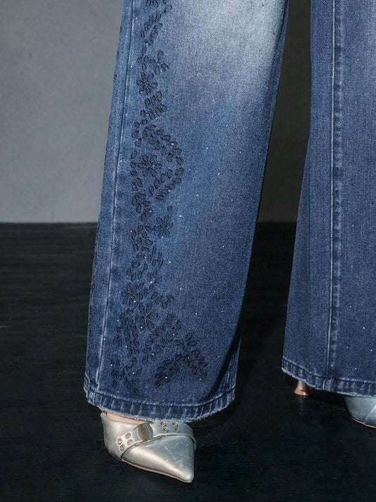 Calça Jeans Feminina Bordado Strass Azul – Doce Malícia