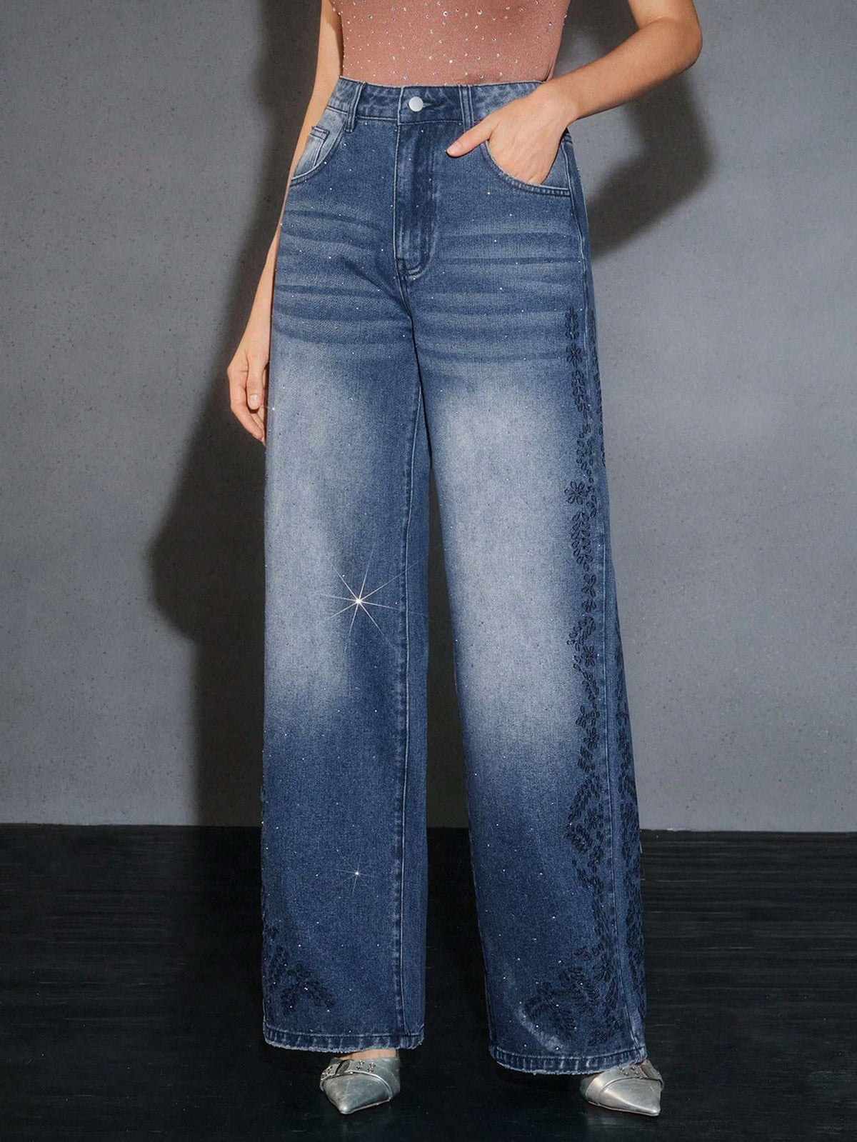 Calça Jeans Feminina Bordado Strass Azul – Doce Malícia