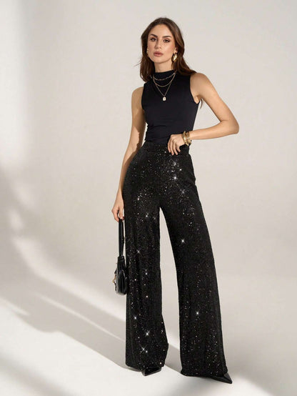 Calça Pantalona Feminina Paetê Cintura Alta – Doce Malícia