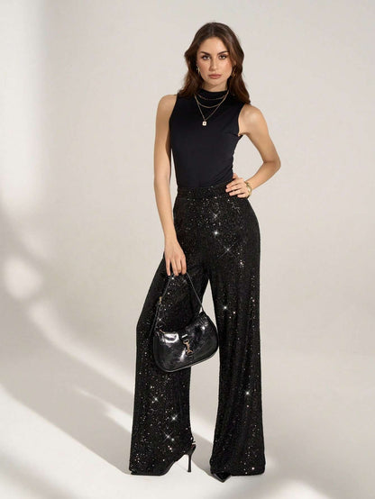 Calça Pantalona Feminina Paetê Cintura Alta – Doce Malícia