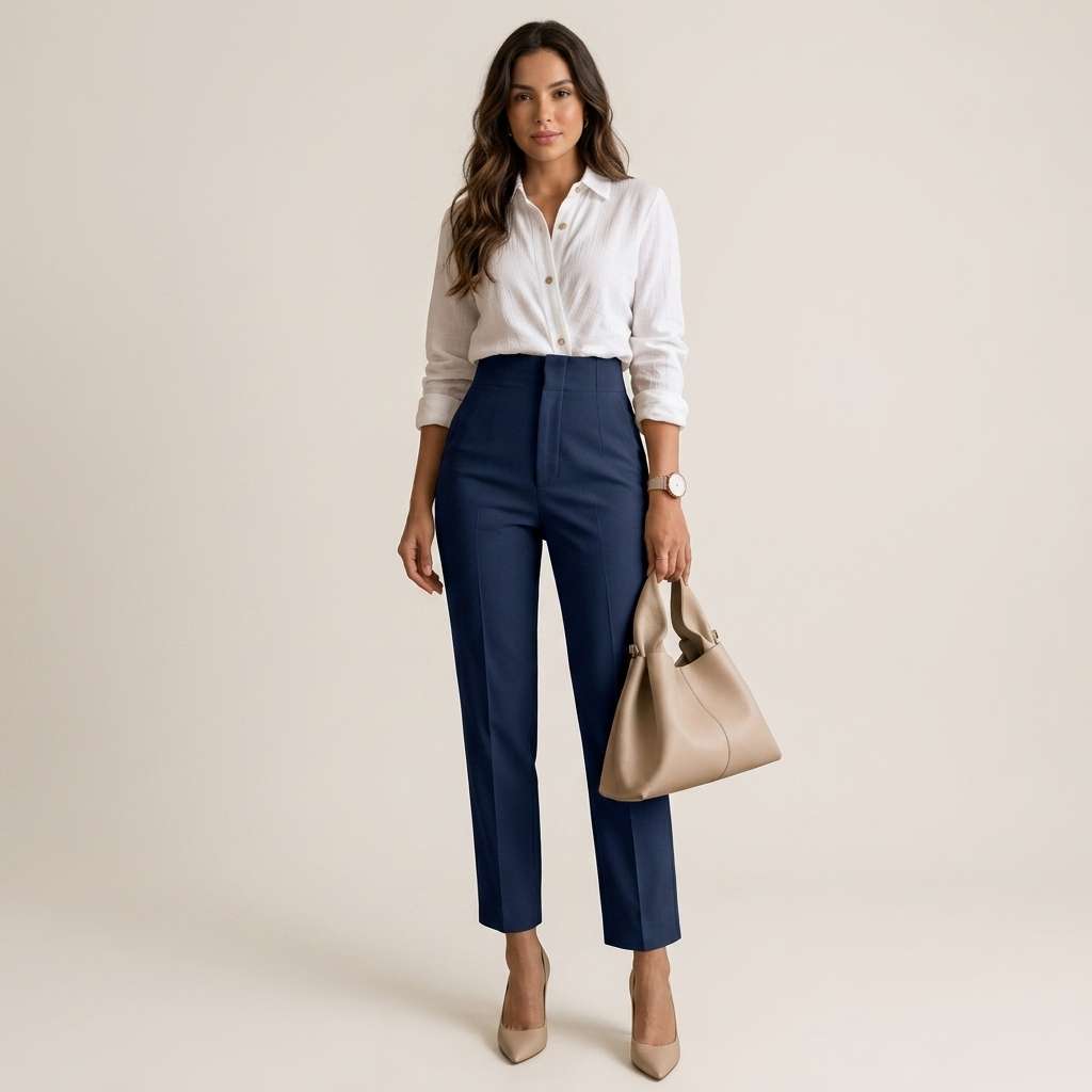 Calça Feminina Cintura Alta Preto Braguilha com zíper – Doce Malícia - Azul-marinho