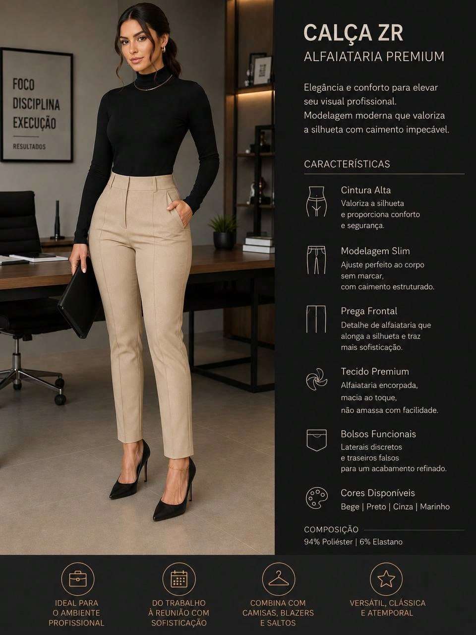 Calça feminina de cintura alta corte reto, em tecido plano – Doce Malícia