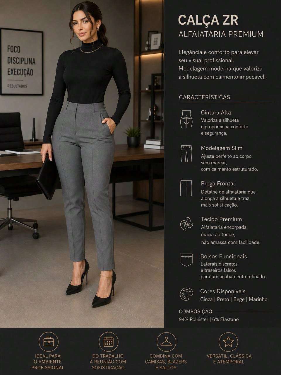 Calça feminina de cintura alta corte reto, em tecido plano – Doce Malícia