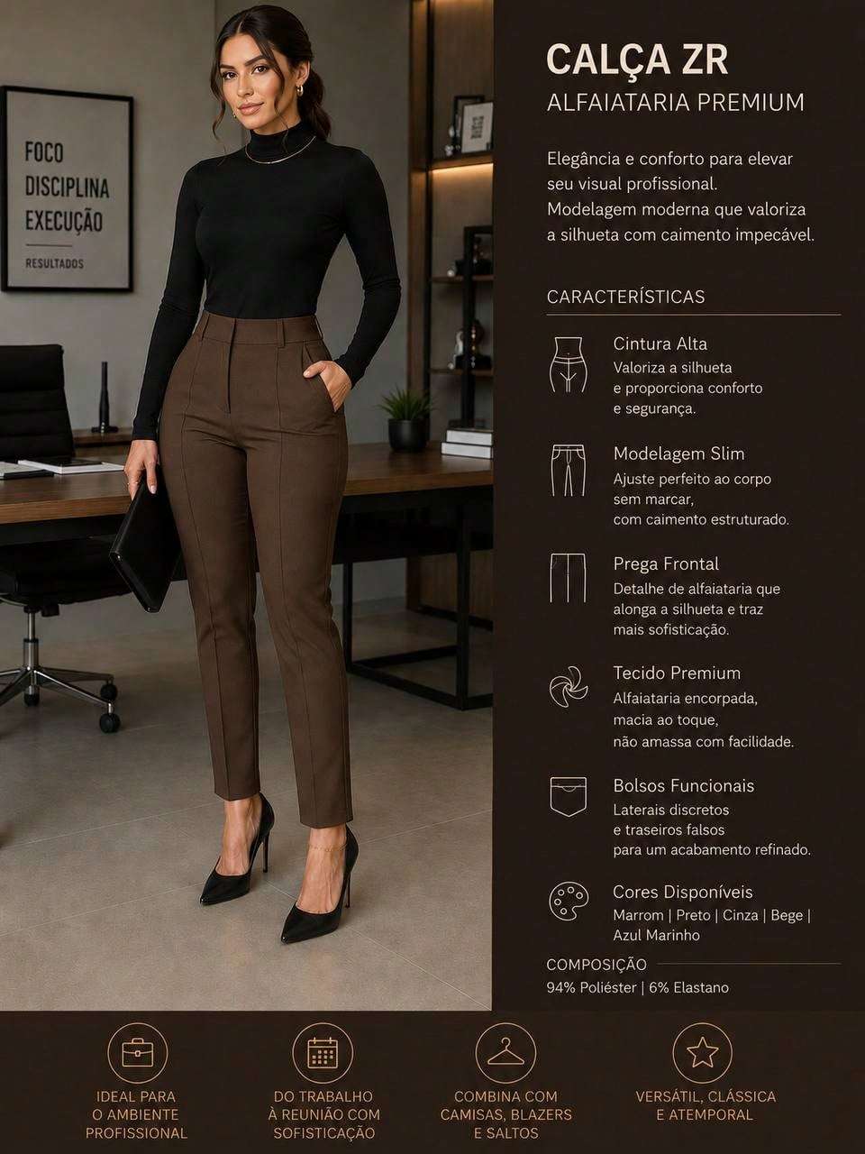 Calça feminina de cintura alta corte reto, em tecido plano – Doce Malícia