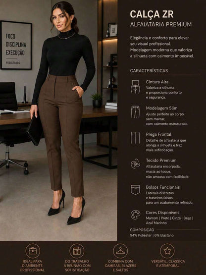 Calça feminina de cintura alta corte reto, em tecido plano – Doce Malícia