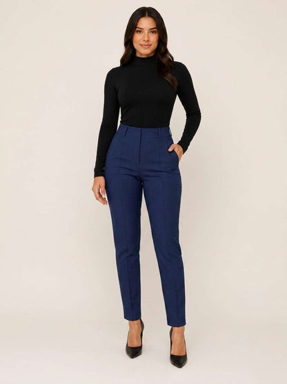 Calça feminina de cintura alta corte reto, em tecido plano – Doce Malícia – Azul Marinho