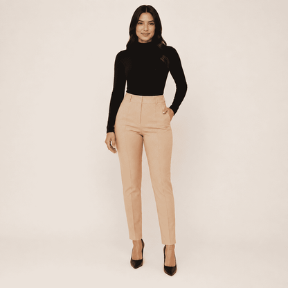 Calça feminina de cintura alta corte reto, em tecido plano – Doce Malícia