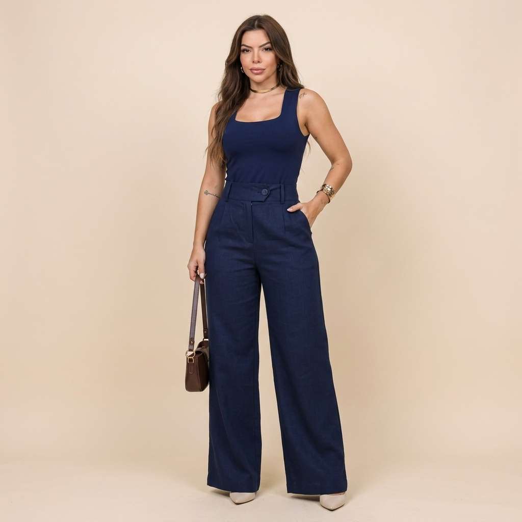 Calça Feminina Linho Bege – Doce Malícia - Azul-marinho