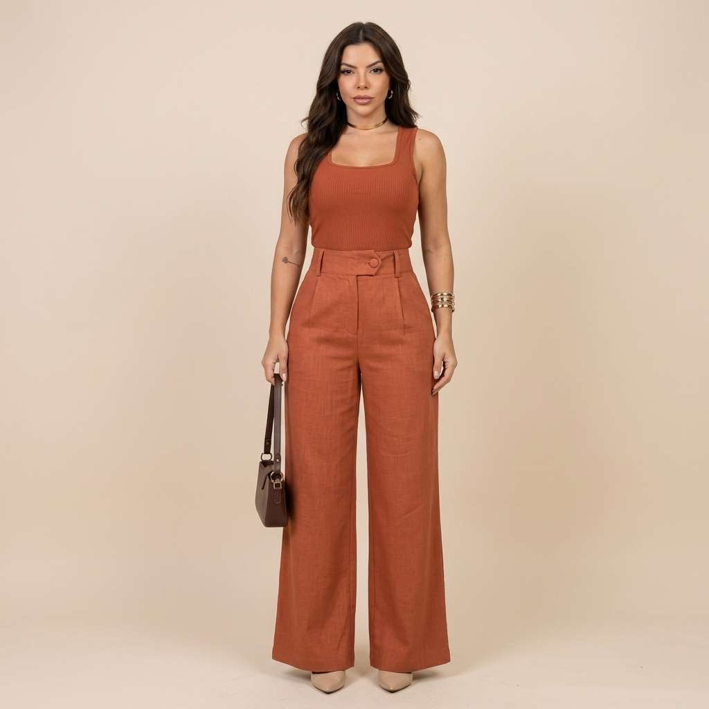 Calça Feminina Linho Bege – Doce Malícia - Terracota