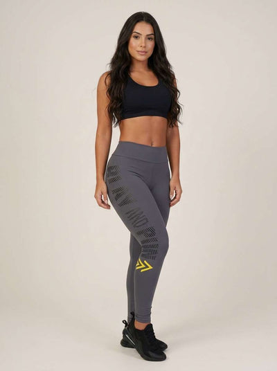 Calça Legging Fitness Feminina Cintura Alta Cinza Estampa Lateral