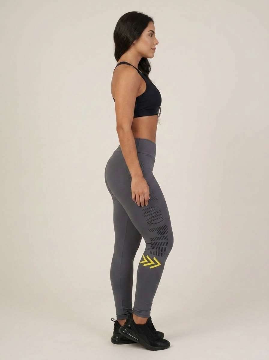 Calça Legging Fitness Feminina Cintura Alta Cinza Estampa Lateral