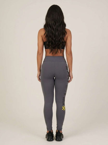 Calça Legging Fitness Feminina Cintura Alta Cinza Estampa Lateral