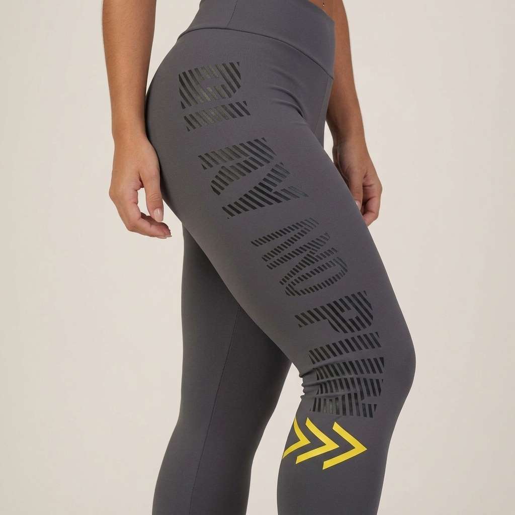 Calça Legging Fitness Feminina Cintura Alta Cinza Estampa Lateral