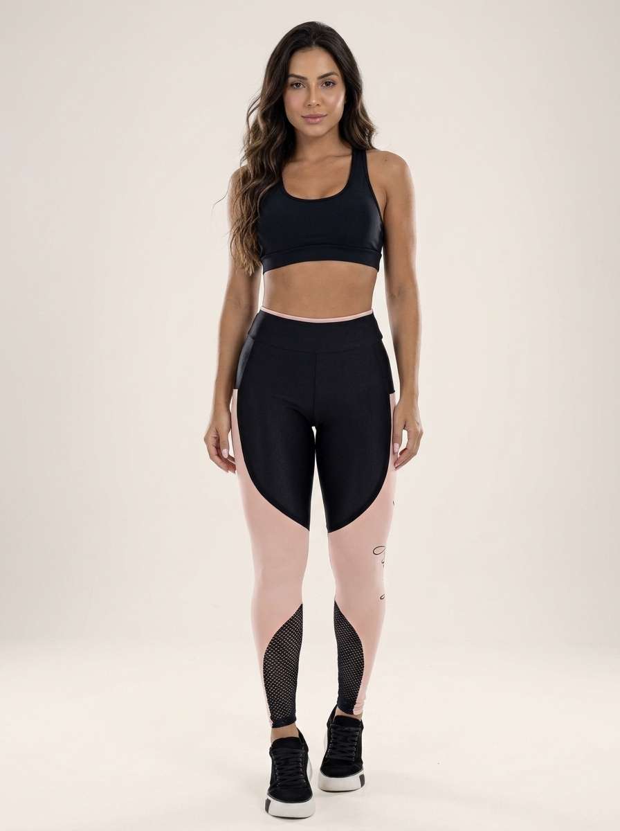Calça Legging Fitness Feminina Cintura Alta com Silk e Recortes