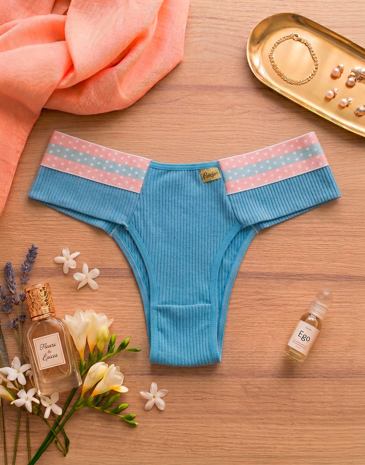 Calcinha Canelada com Elástico Estampado em azul-Marinho – Doce Malícia