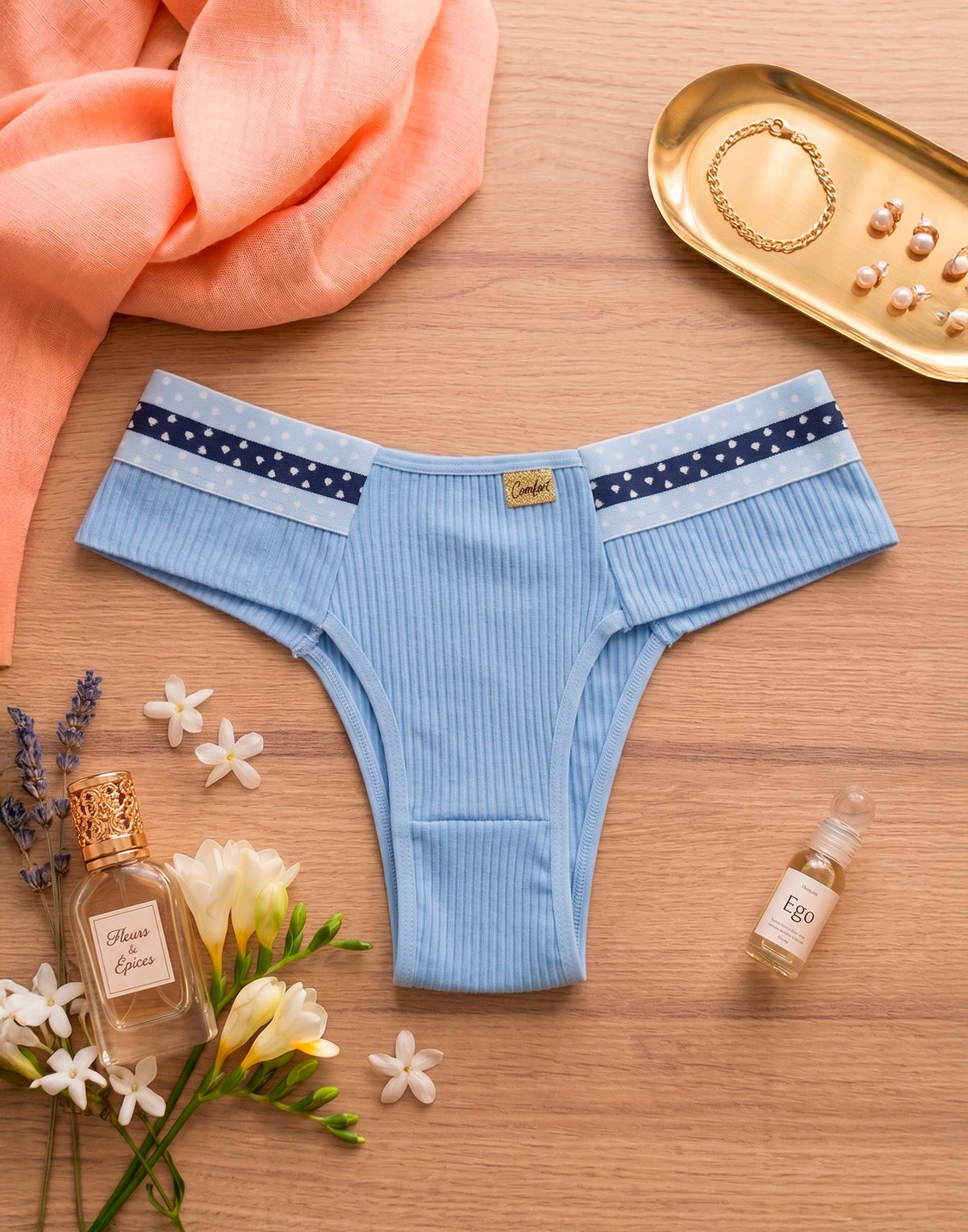 Calcinha Canelada com Elástico Estampado em azul-Marinho – Doce Malícia