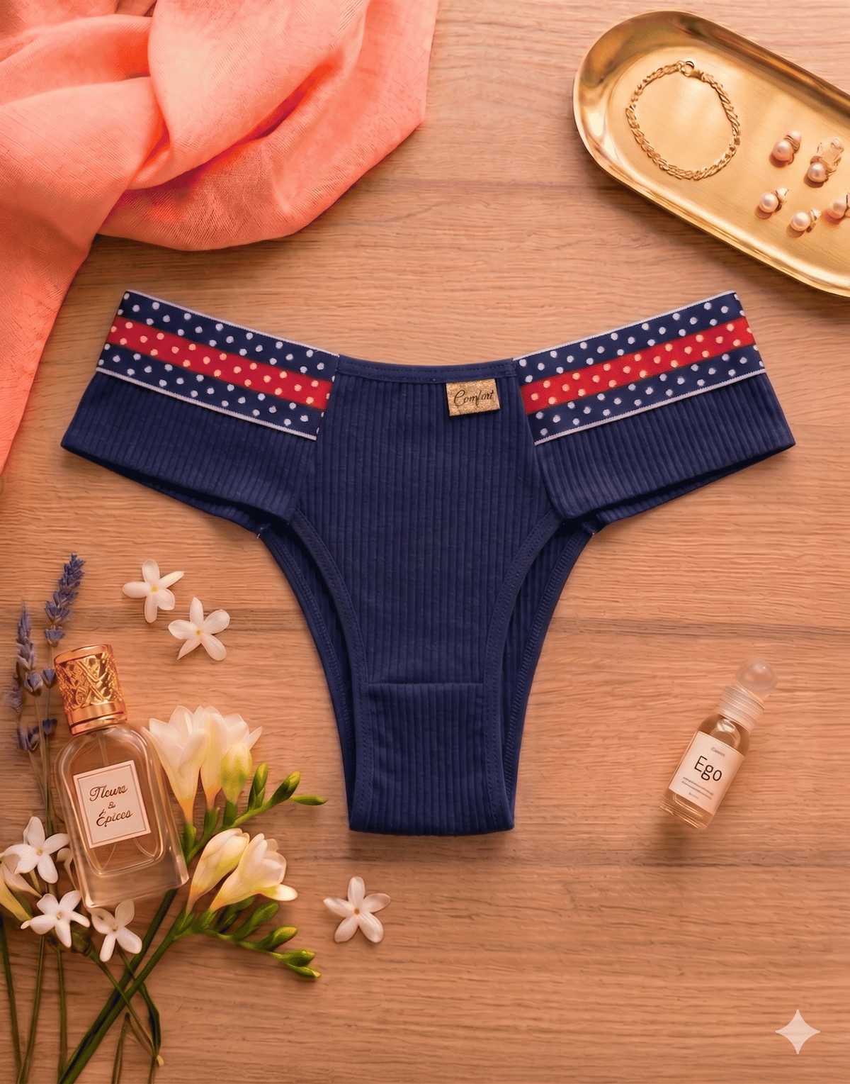 Calcinha Canelada com Elástico Estampado em azul-Marinho – Doce Malícia