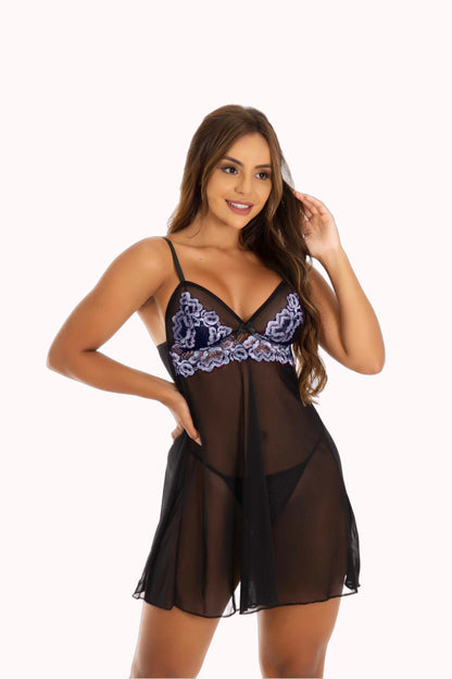 Camisola com Calcinha em Renda Bicolor
