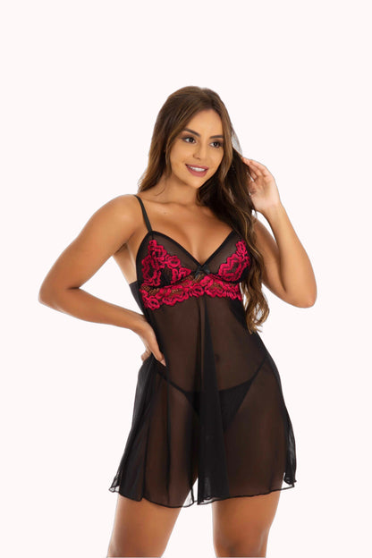Camisola com Calcinha em Renda Bicolor