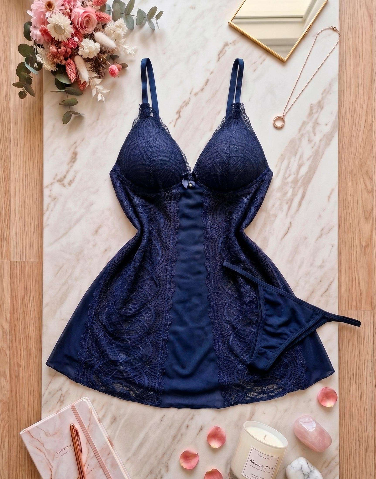 Camisola de Bojo Tule e em azul-Marinho – Doce Malícia