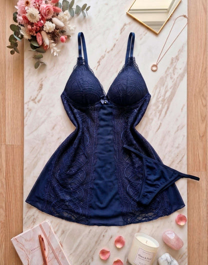 Camisola de Bojo Tule e em azul-Marinho – Doce Malícia