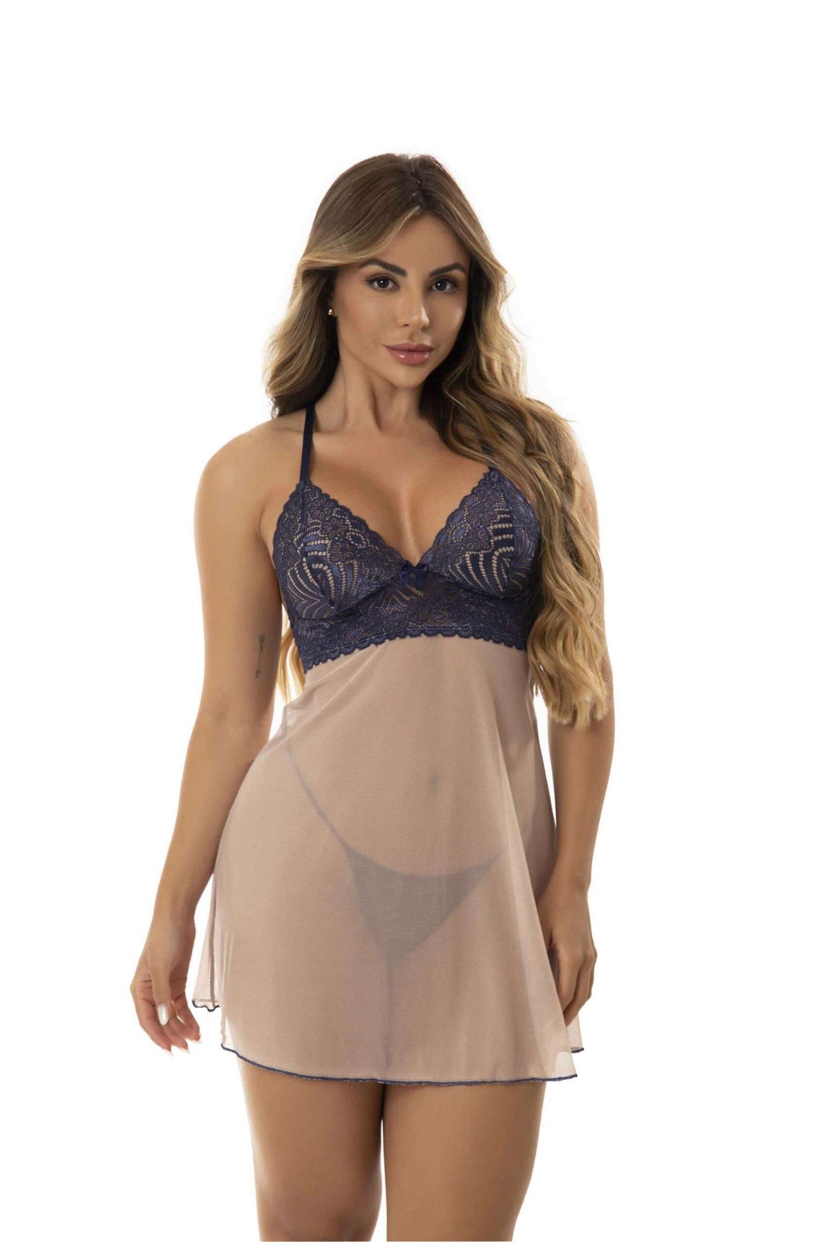 Camisola em Renda com Transparência em azul-Marinho – Doce Malícia