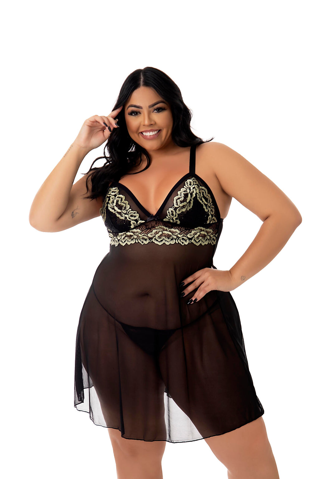 Camisola Sensual em Tule Plus Size em dourado – Doce Malícia