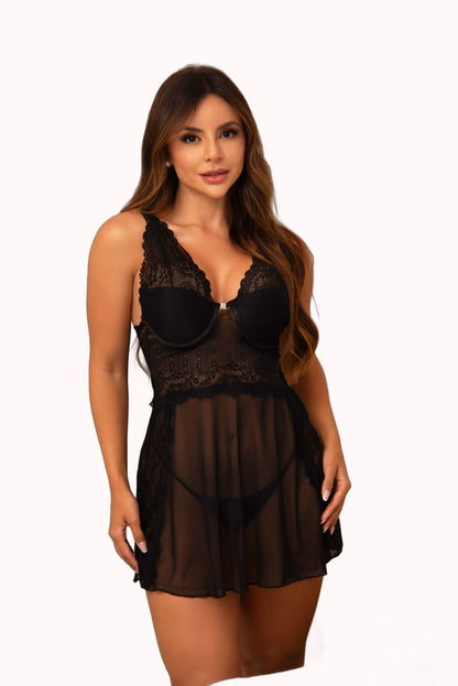 Camisola Tule e Renda Sensual com Bojo – Doce Malícia