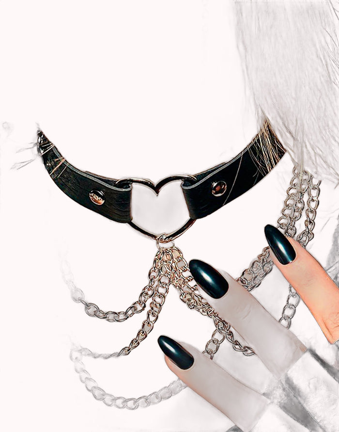 Coleira Choker Ajustável com Correntes e Spike  Preto – Tamanho 41,0 cm – Doce Malícia — Doce Malícia
