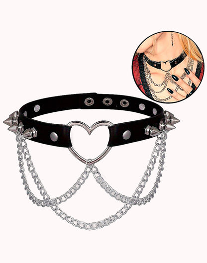 Coleira Choker Ajustável com Correntes e Spike  Preto – Tamanho 41,0 cm – Doce Malícia