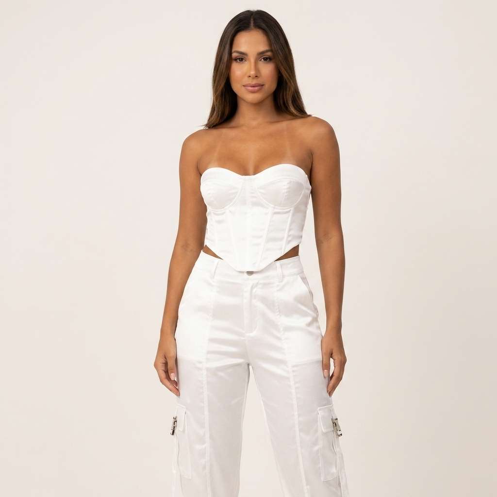 Conjunto Carmella Cropped Corselet e Calça Cargo - Branco - Branco
