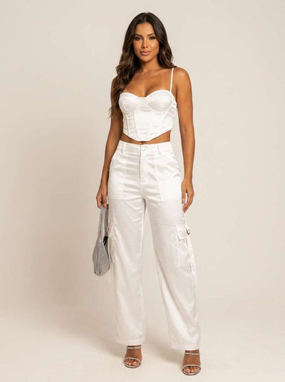 Conjunto Carmella Cropped Corselet e Calça Cargo - Branco