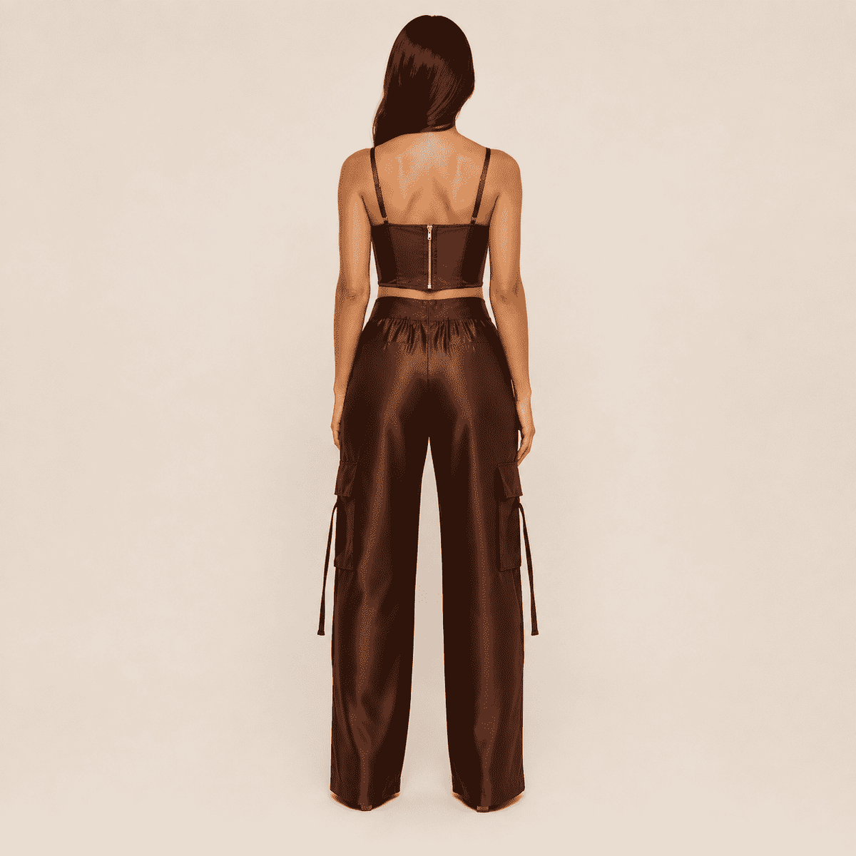 Conjunto Carmella Cropped Corselet e Calça Cargo Crepe Prada - Marrom