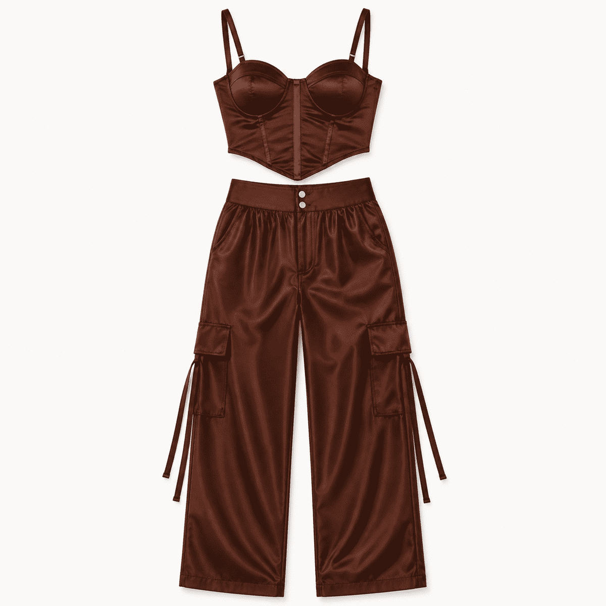 Conjunto Carmella Cropped Corselet e Calça Cargo Crepe Prada - Marrom