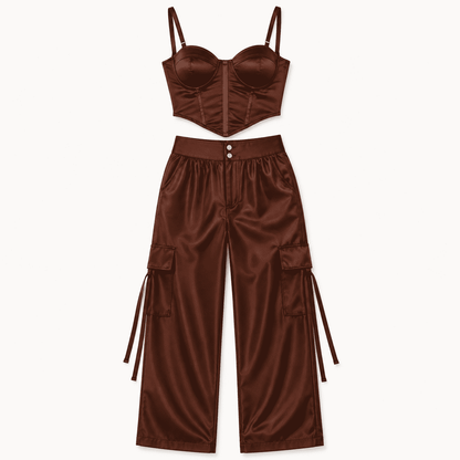 Conjunto Carmella Cropped Corselet e Calça Cargo Crepe Prada - Marrom