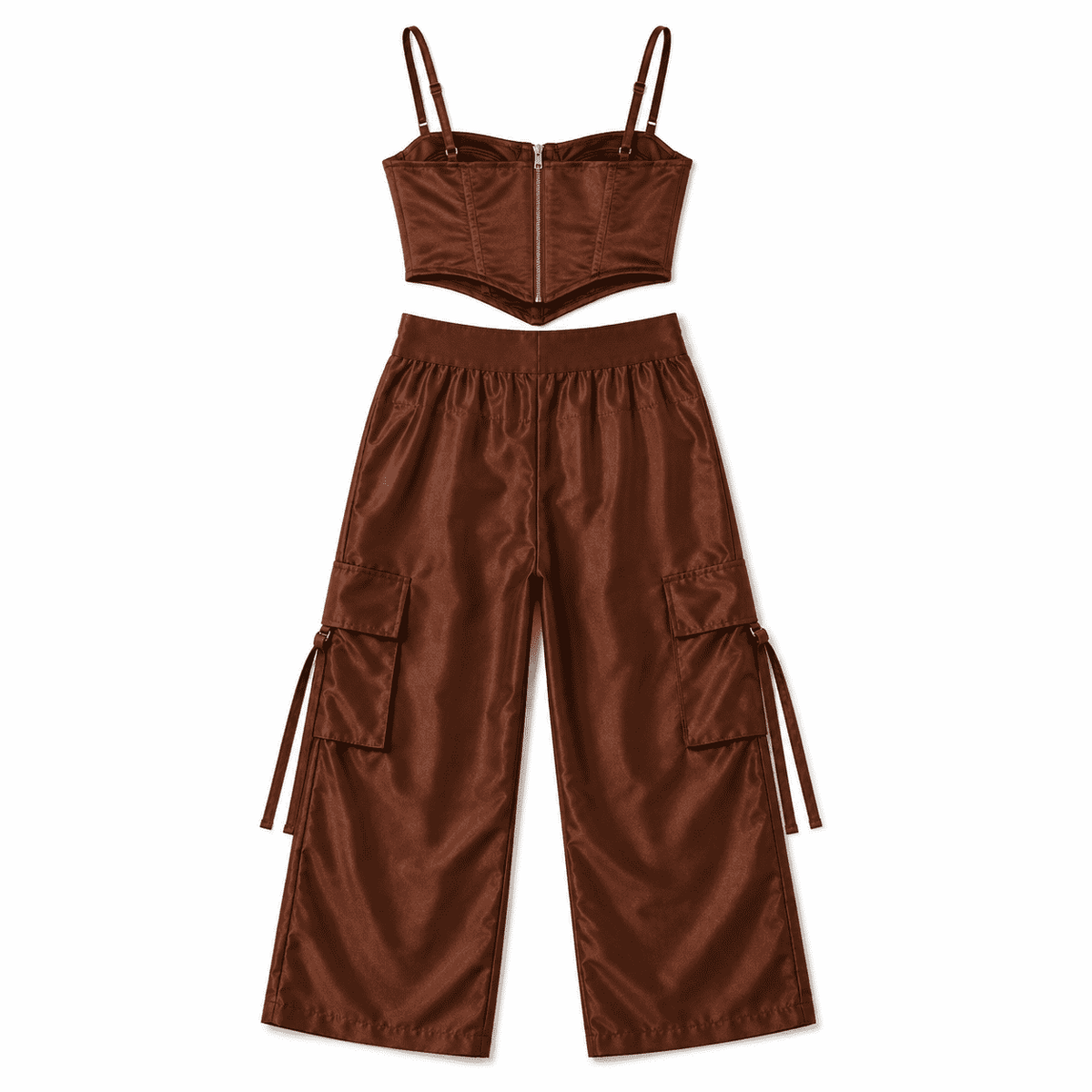 Conjunto Carmella Cropped Corselet e Calça Cargo Crepe Prada - Marrom