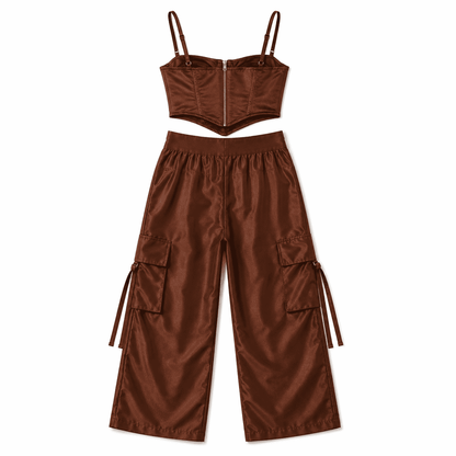 Conjunto Carmella Cropped Corselet e Calça Cargo Crepe Prada - Marrom