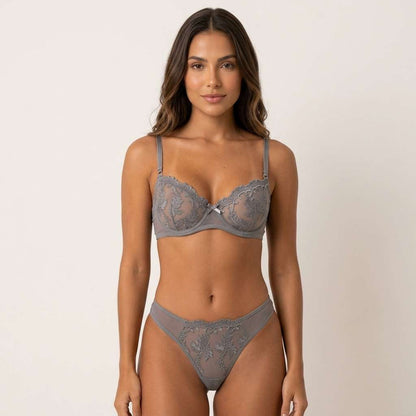 Conjunto de Lingerie Bordado Floral com Bojo – Doce Malícia - Cinza