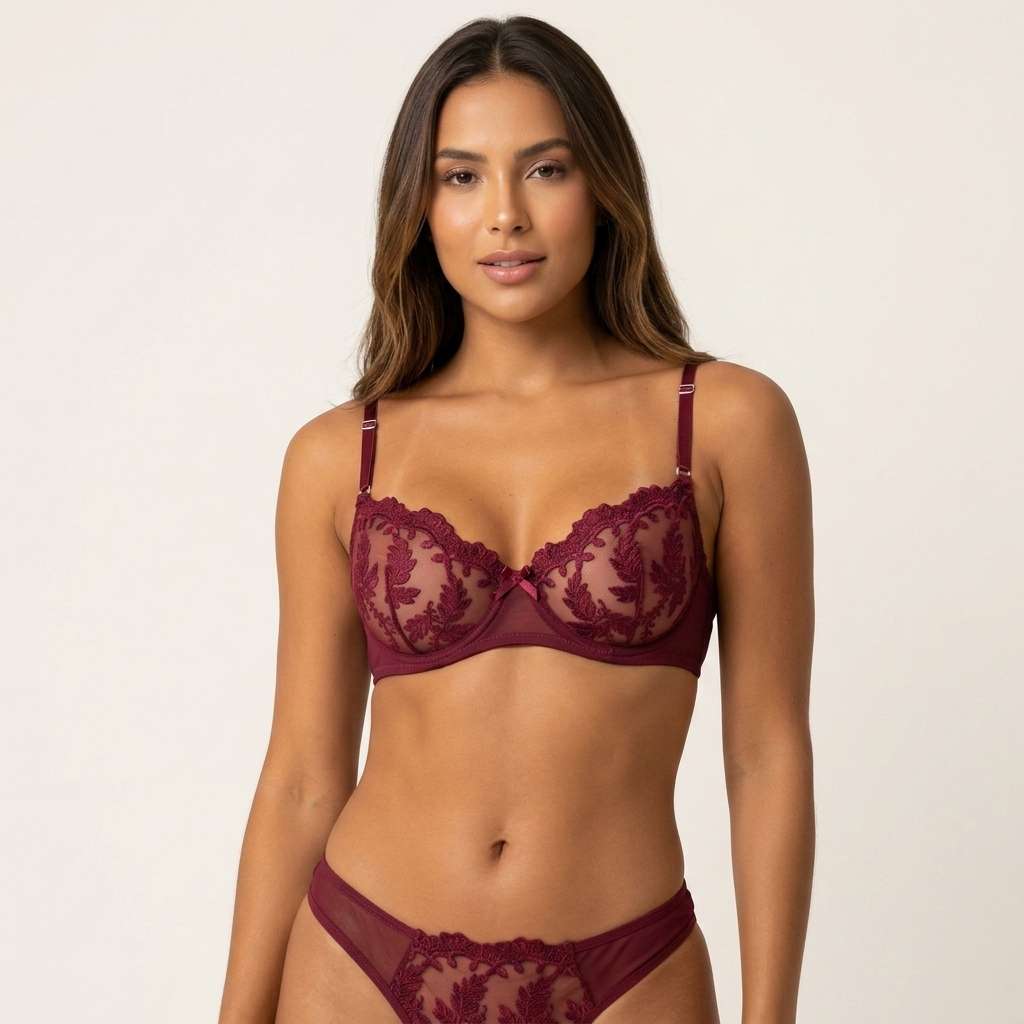 Conjunto de Lingerie Bordado Floral com Bojo – Doce Malícia - Vinho