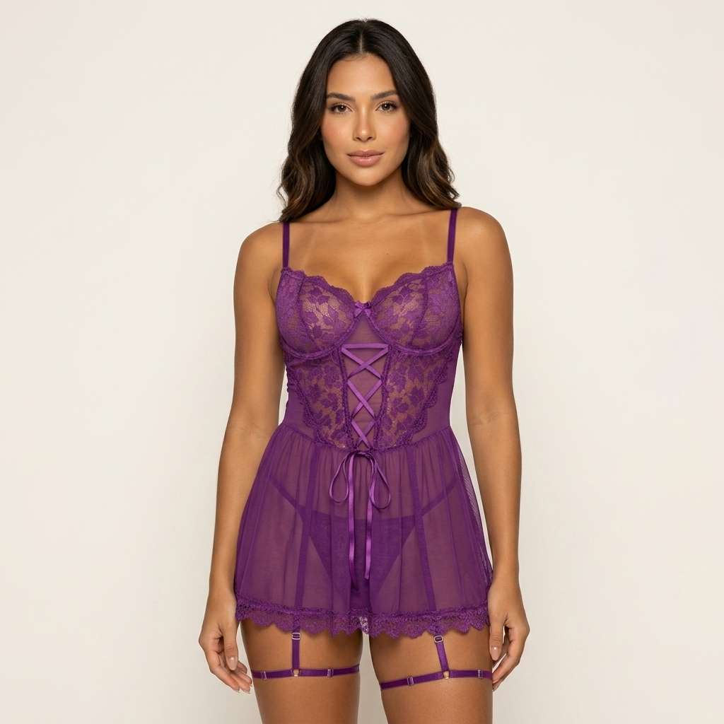 Camisola Babydoll de Renda com Cinta Liga – Doce Malícia - Púrpura