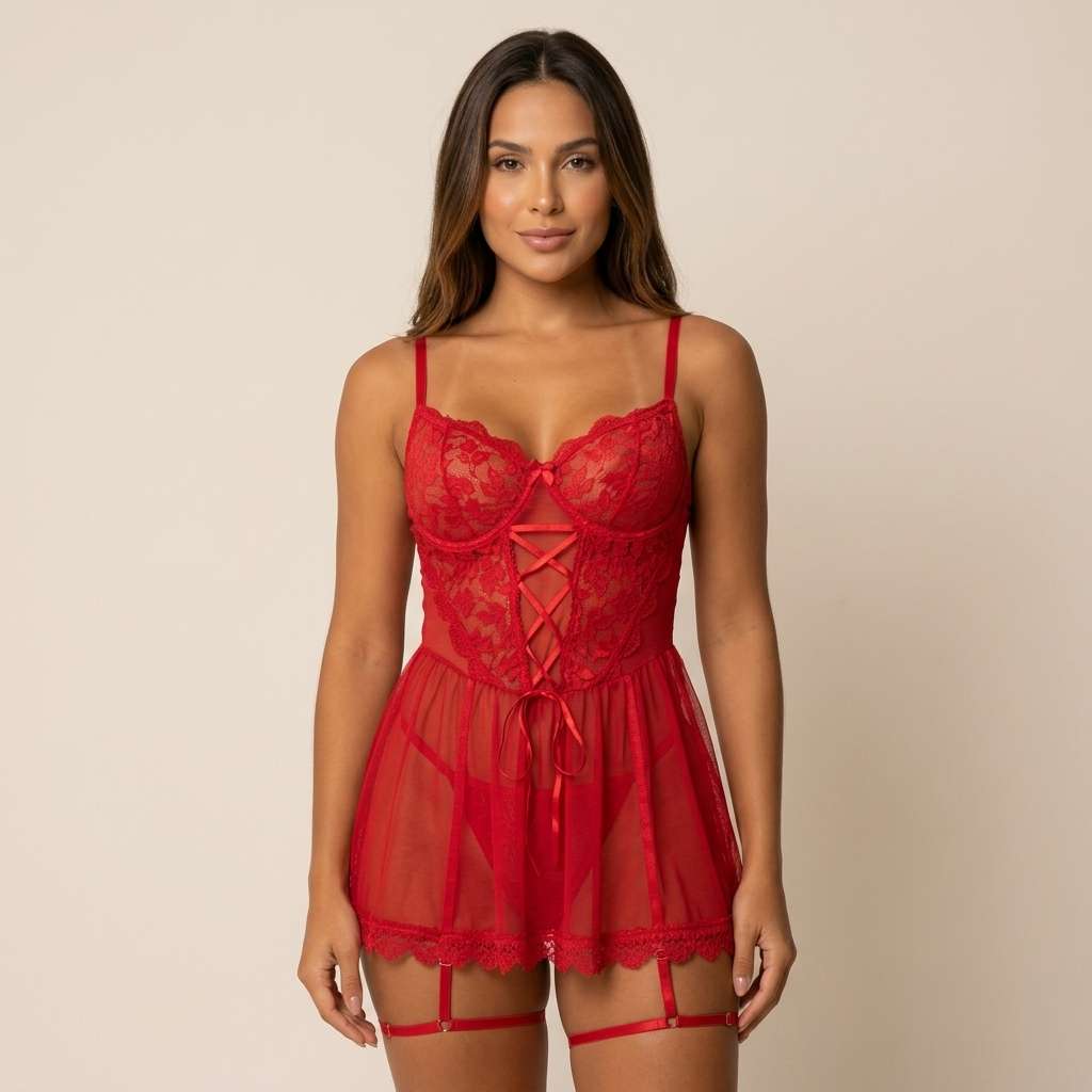Camisola Babydoll de Renda com Cinta Liga – Doce Malícia - Vermelho