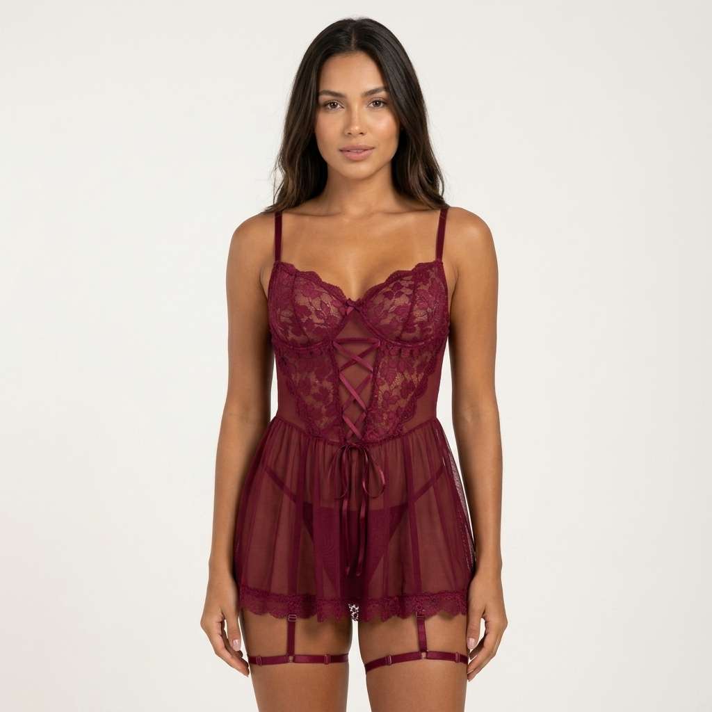 Camisola Babydoll de Renda com Cinta Liga – Doce Malícia - Vinho