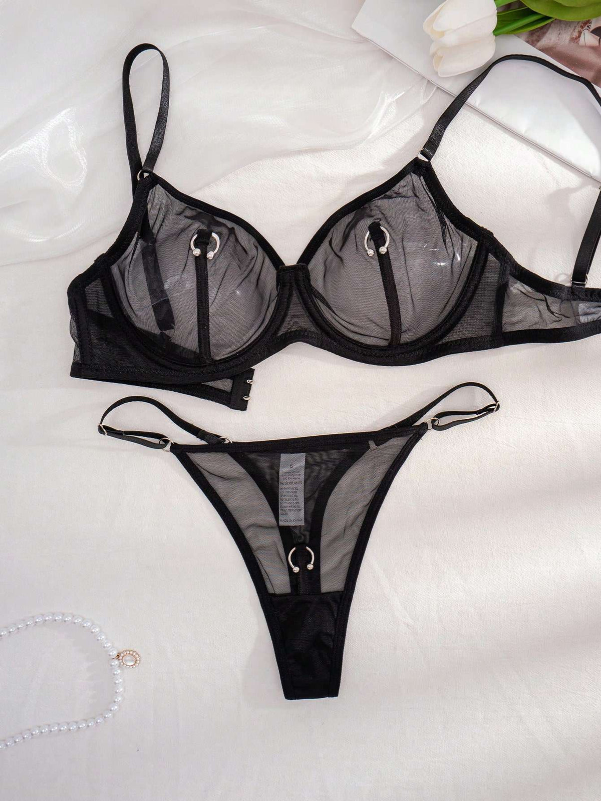 Conjunto de Lingerie Tule Transparente com Argola Preto – Doce Malícia