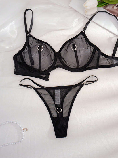 Conjunto de Lingerie Tule Transparente com Argola Preto – Doce Malícia